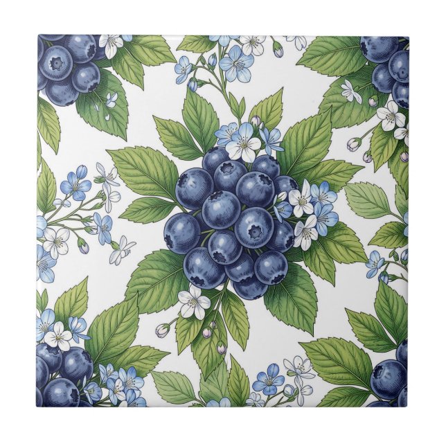 Vintage Blaubeerblüten Botanisches Muster Fliese (Vorderseite)