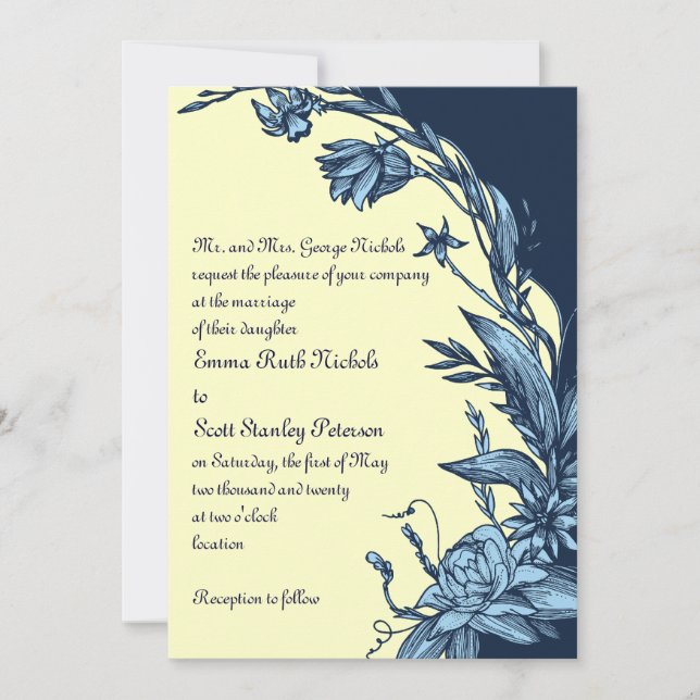 Vintage blaue Blumen auf hellgelber Hochzeit Einladung (Vorderseite)
