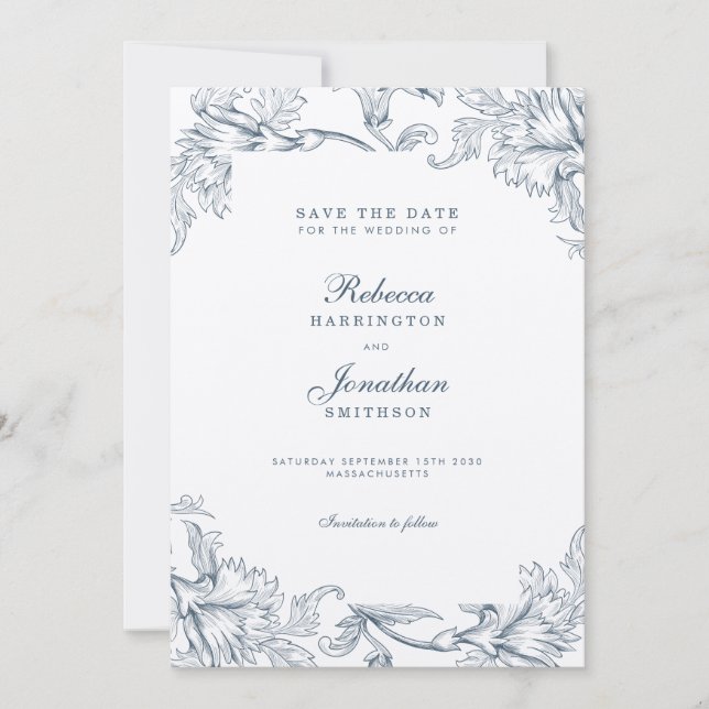 Vintage blaue Blumenhochzeit retten das einladende Einladung (Vorderseite)