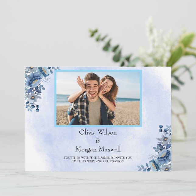 Vintage blaue Blumenhochzeit speichern das Datum Einladung (Stehend Vorderseite)