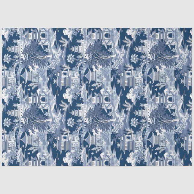 Vintage Blaue Chinoiserie China Pagode Seidenpapier (Vorderseite)