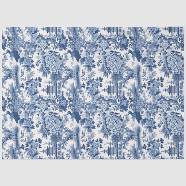 Vintage Blaue Chinoiserie China Vögel Blume Seidenpapier (Vorderseite)