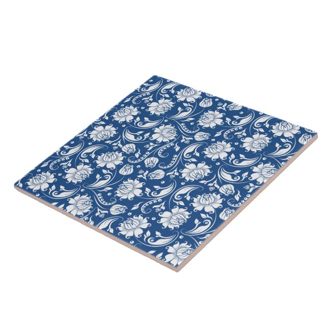 Vintage, blaue Damaskus mit weißer Blüte Fliese (Seite)