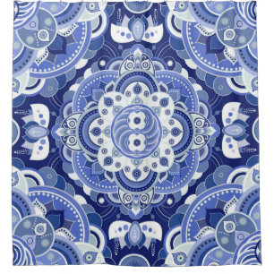 Vintage blaue geometrische, indische Dekoration. Duschvorhang