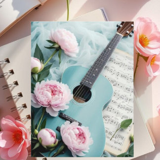 Vintage Blaue Gitarre & Weiße Blume Kunstpostkarte Postkarte