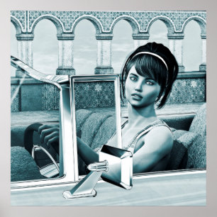 Vintage-Blaue-Glamour-Frauenporträt-Kunst Poster