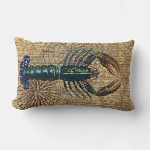 Vintage Blaue Hummer-Karten-Collage: Nautilus Küst Lendenkissen