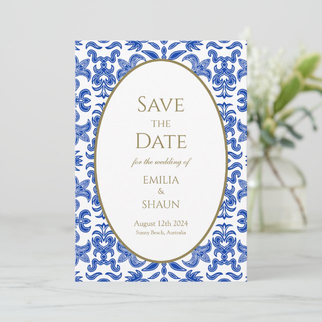 Vintage blaue italienische Hochzeit Sichern Sie da Einladung (Stehend Vorderseite)