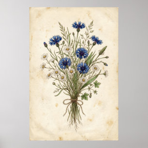 Vintage Blaue Kornblumen-Wildblumenstrauß Poster