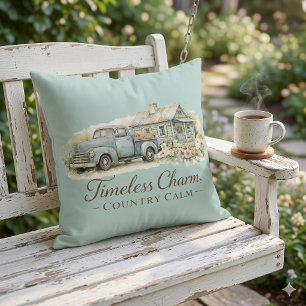 Vintage Blaue Lastwagen Hütte Wildblumen Friedlich Kissen
