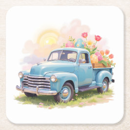 Vintage Blaue Lastwagen mit Ostereiern & Tulpen Rechteckiger Pappuntersetzer