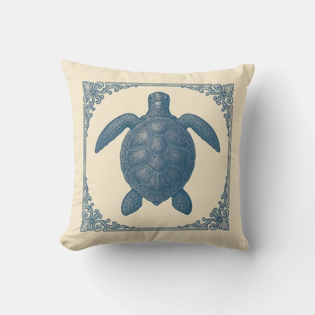 Vintage blaue Meeresschildkröte-Küste Kissen (Vorderseite)