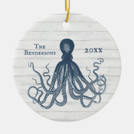 VINTAGE BLAUE OCTOPUS-VERANSTALTUNG AUF WEISSEM HO KERAMIK ORNAMENT