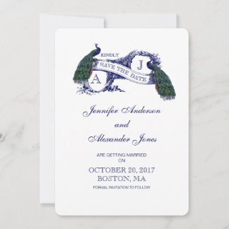 Vintage Blaue Pfau-Hochzeitseinladungskarte zur Vo Save The Date