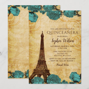 Vintage blaue Rose Eiffelturm Quinceañera Einladung