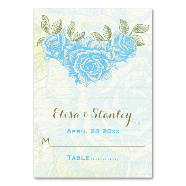 Vintage blaue Rose Hochzeitskarte Tischnummer (Vorderseite)