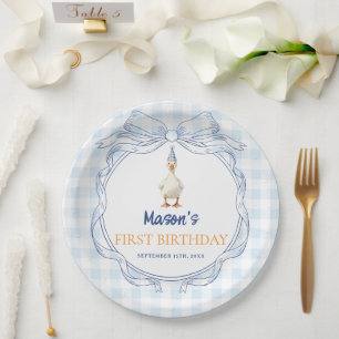 Vintage Blaue Schleife Entlein Junge 1. Geburtstag Pappteller