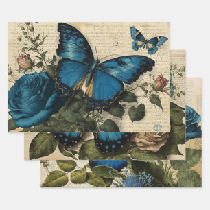 Vintage blaue Schmetterlinge und Rose Dekoupage Geschenkpapier Set