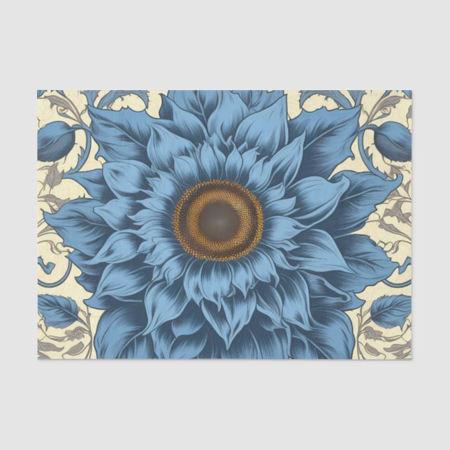 Vintage blaue Sonnenblumenkunst Seidenpapier (Vorderseite)