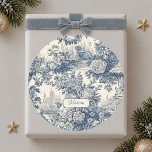 Vintage Blaue Toile Blumige Chic Monogramm Runder Aufkleber