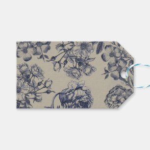 Vintage Blaue Toile-Botanik-Blumenmuster im Antiks Geschenkanhänger