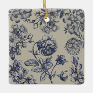 Vintage Blaue Toile-Botanik-Blumenmuster im Antiks Keramikornament