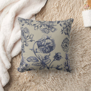Vintage Blaue Toile-Botanik-Blumenmuster im Antiks Kissen