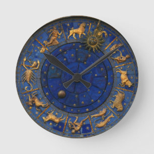 Vintage blaue und goldene zodiakische Astrologie Runde Wanduhr