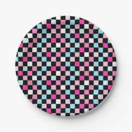 Vintage blaue und rosa karierte Papierplatten Pappteller