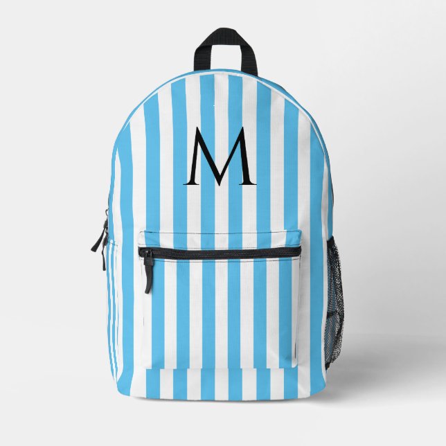 Vintage, blaue und weiße Streifen Bedruckter Rucksack (Vorderseite)
