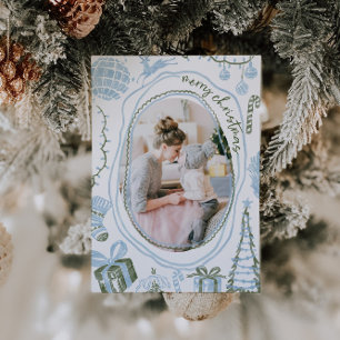 Vintage Blaue Weihnachts-Aquarell-Familienfoto Feiertagskarte