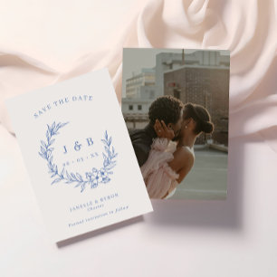 Vintage blauer Blumenkranz-Monogramm-Foto Save The Date