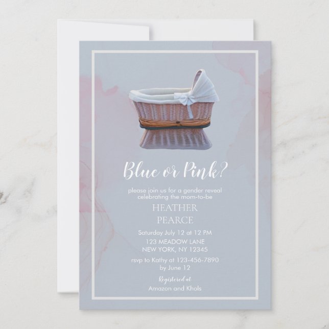 Vintage Blauer oder Rosa Bassininette Geschlechtsv Einladung (Vorderseite)