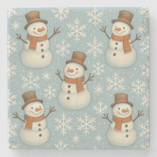 Vintage blauer Schneemann und Schneeflocken Weihna Steinuntersetzer