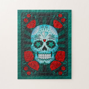 Vintage-Blauer Zuckerschädel mit Rosenplakat