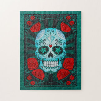 Vintage-Blauer Zuckerschädel mit Rosenplakat