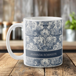 Vintage Blaues florales Damast-Toile-de-Jouy-Monog Kaffeetasse