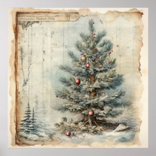 Vintage Blaues Weihnachtsbaumplakat Poster