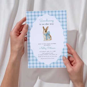 Vintage Blaugingham-Häschen-Jungen-Baby-Party Einladung