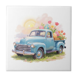 Vintage Blaulastwagen mit Ostereiern & Tulpen Fliese