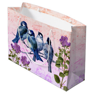 Vintage Blauvögel, Blume, Pfirsich/Lila Musik Große Geschenktüte