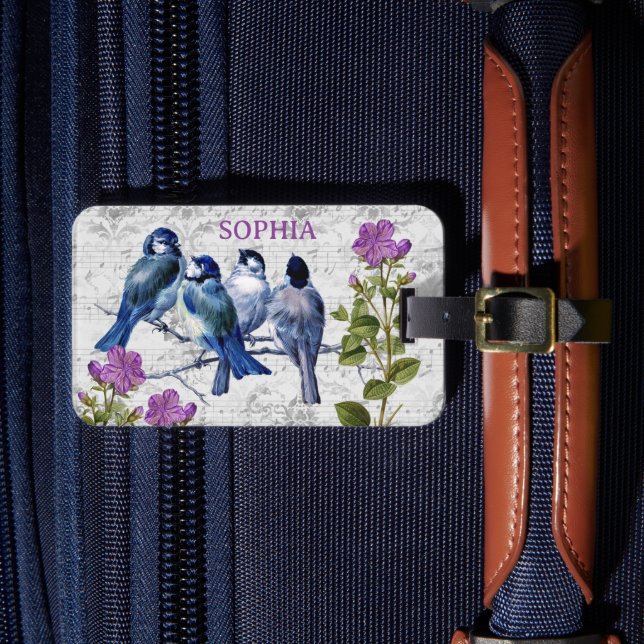 Vintage Blauvögel, violette Blumen, Noten Gepäckanhänger (Vorderseite Insitu 4)