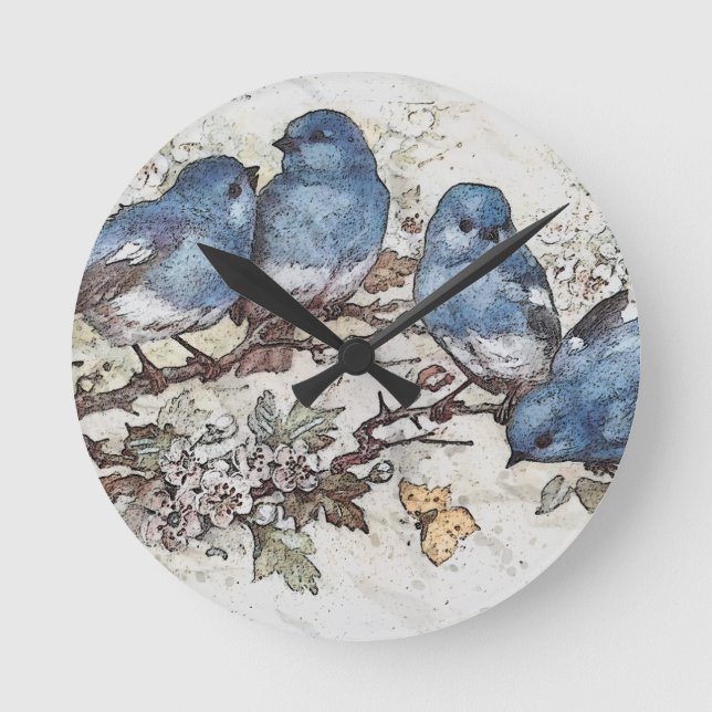 Vintage Blauvogeldarstellung Runde Wanduhr (Vorderseite)