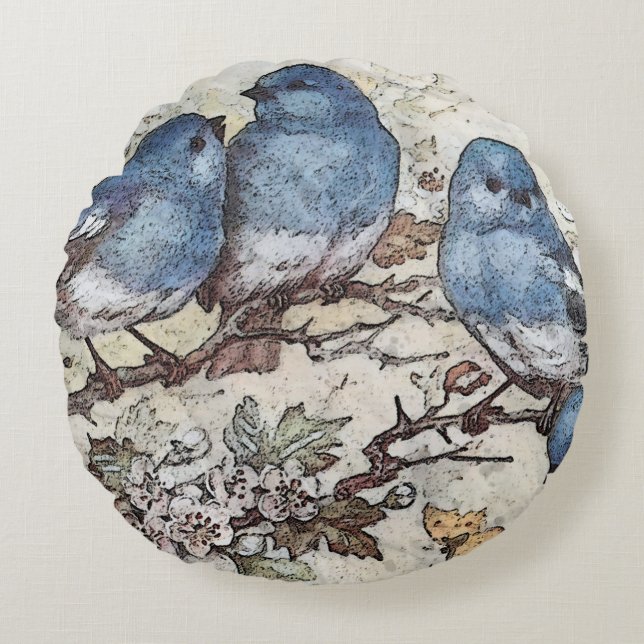 Vintage Blauvogeldarstellung Rundes Kissen (Vorderseite)