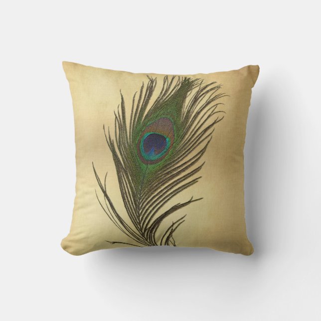 Vintage Blick-Pfau-Feder auf Gold Kissen (Vorderseite)