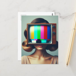 Vintage Blond-Frau mit Farbfernseher auf ihrem Kop Postkarte