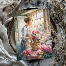 Vintage blonde Frau arrangierte rosafarbene Bauern