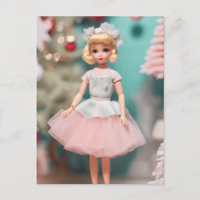 Vintage Blondoll in Rosa Weihnachten Postkarte (Vorderseite)