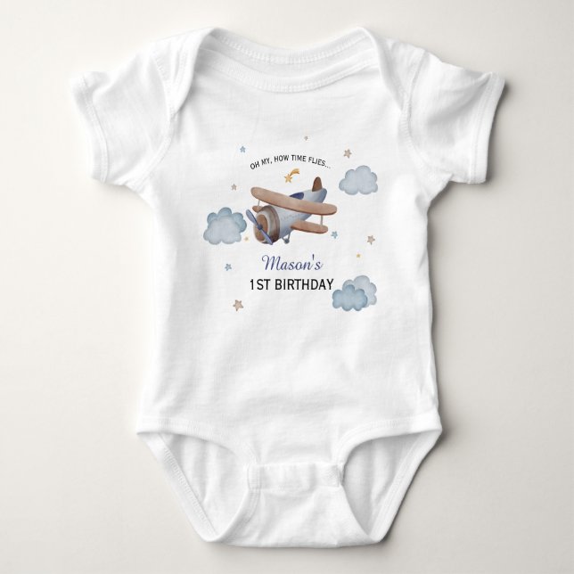 Vintage Blue Airplane First Birthday Baby Strampler (Vorderseite)