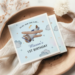 Vintage Blue Airplane Sky 1st Birthday Party Serviette